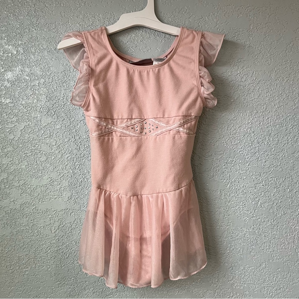 Pink Freestyle Danskin 6/6X Ballet Leotard Dress With Skirt & Ruffle Sleeves